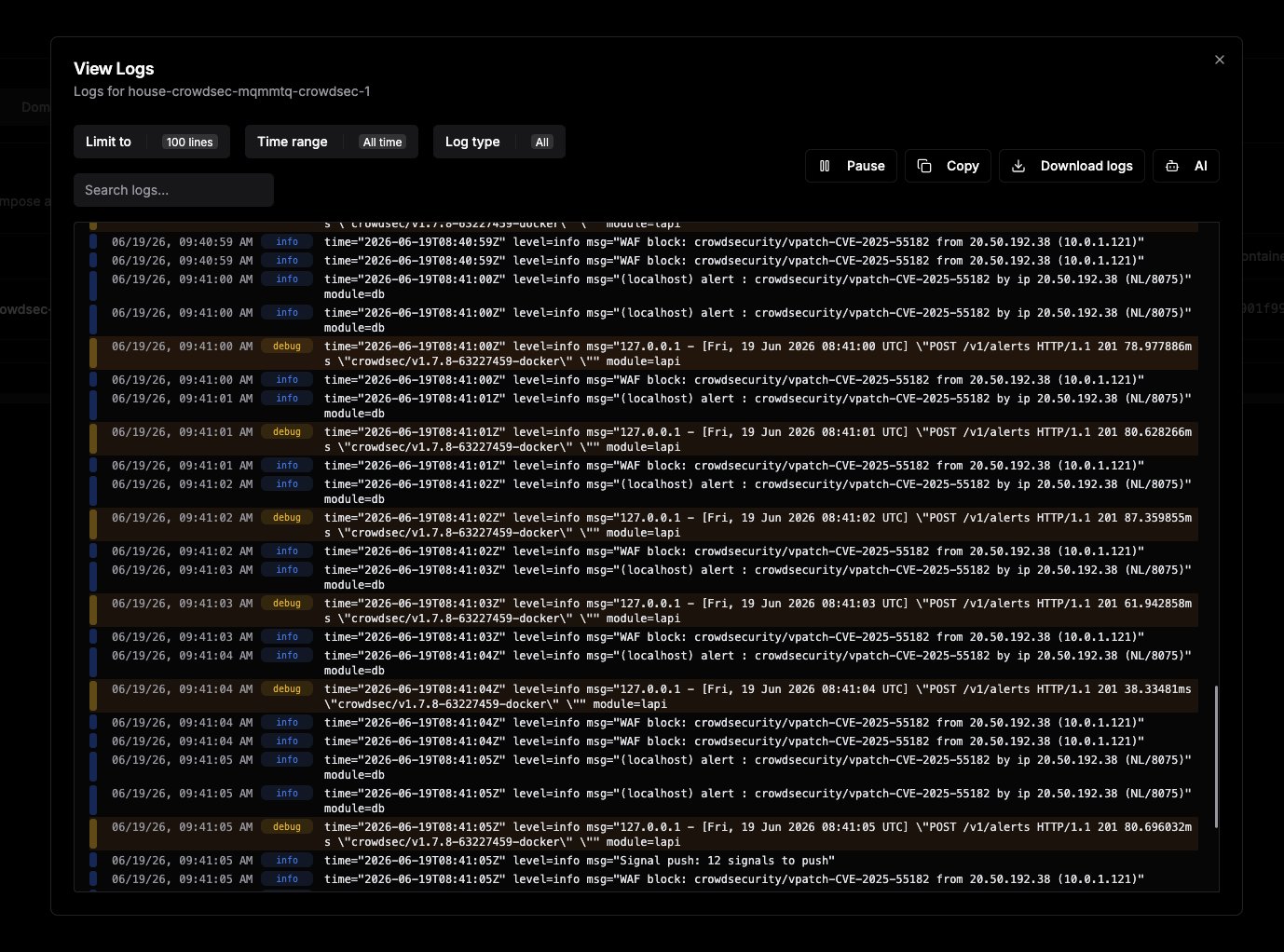 CrowdSec Logs Blocking the Attack