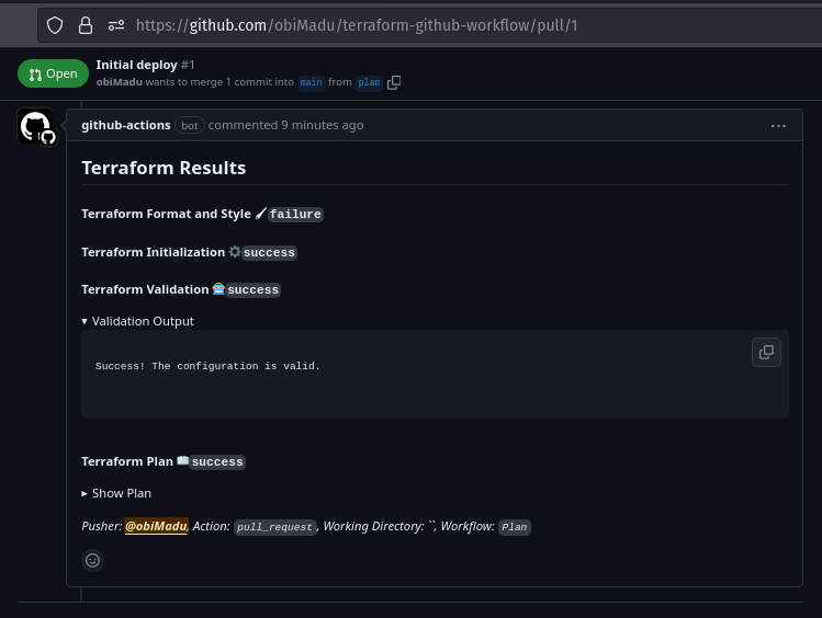 Github Bot comments Terraform Plan Output