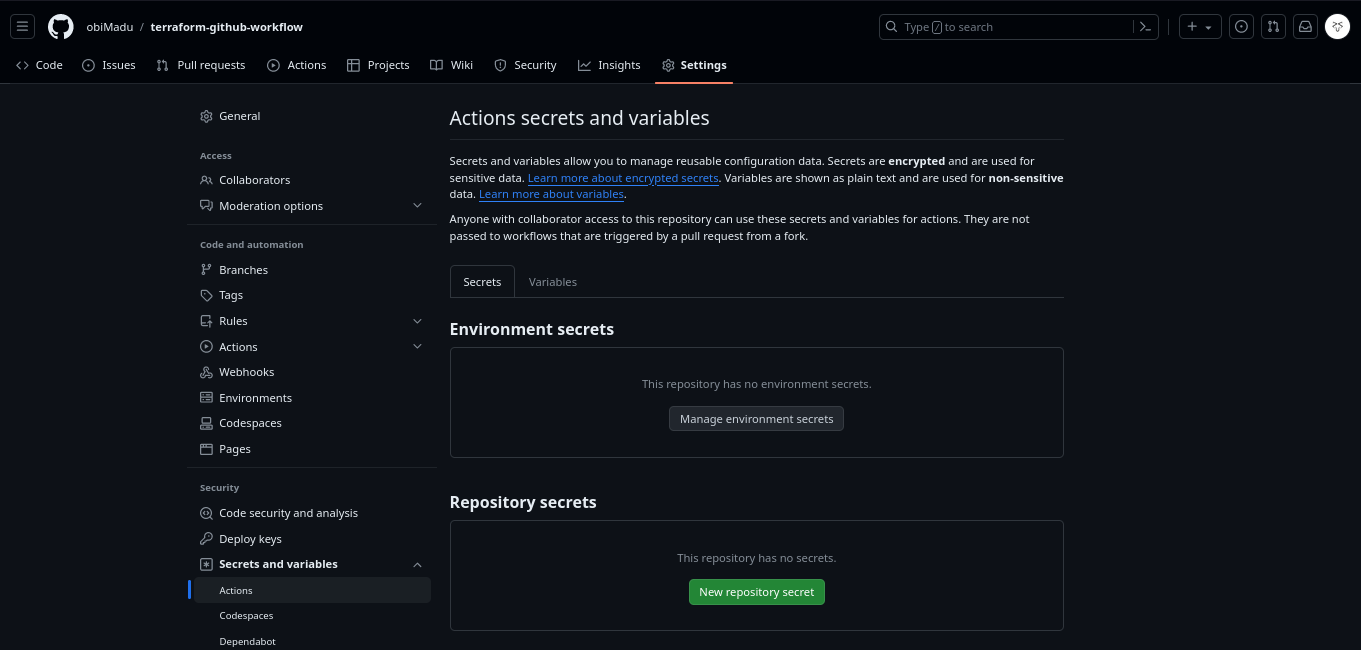Create secrets and variables.