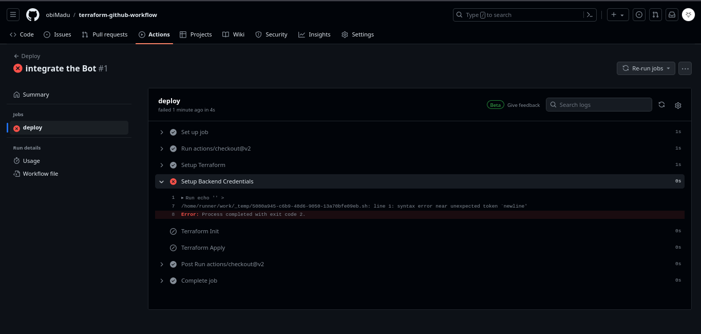 Failed Deploy workflow details